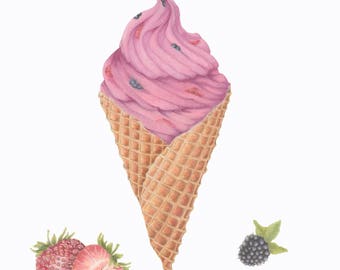 Ice Cream Cone/Strawberry-Blackberry/BOTANICAL-FOOD ILLUSTRATION/Fruit/Archival Giclee Print/Farmers Market