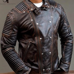 Men&#39;s Handmade Vintage Style Distressed Brown Motorcycle Leather Jacket | Men Slim Fit Quilted Brown Biker Leather Jacket.