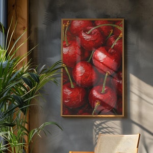 Olieverfschilderij posterprint, retro fruitprint, retro kers, kersenoliekunst, vintage stijl print, slaapkamerkunst, digitale download.
