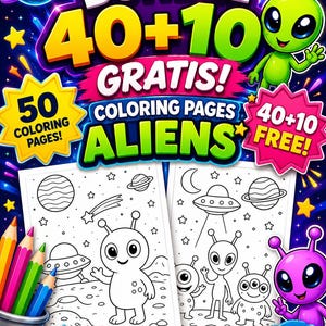 Può includere: Un pacchetto di 50 pagine da colorare a tema alieno. La copertina mostra il testo "BUNDLE 40+10 GRATIS!" e "ALIENS". L'immagine mostra anche matite colorate e le parole "CUTE DESIGNS", "FUN & EASY", "BOOST CREATIVITY" e "RELAXING & PLAYFUL".