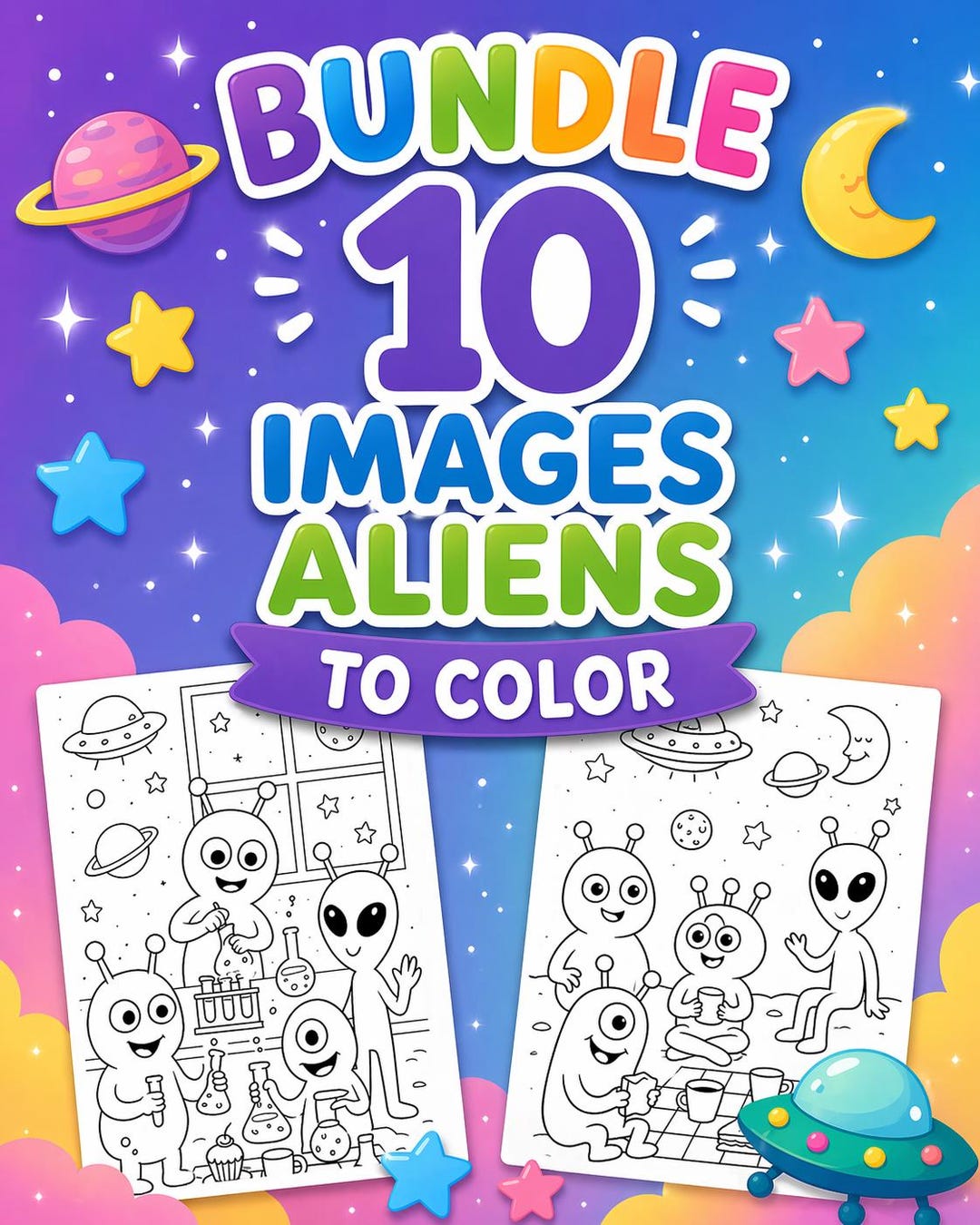 Alien Coloring Pages Bundle for Kids – 10 Cute Space Printable Coloring ...