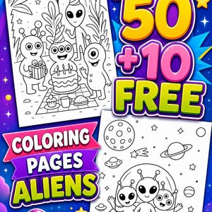 Può includere: Un pacchetto di pagine da colorare a tema alieno. L'immagine presenta diverse illustrazioni in bianco e nero di alieni amichevoli, pianeti e astronavi. Il testo include "BUNDLE 50 + 10 FREE" e "COLORING PAGES ALIENS". Un arcobaleno e stelle decorano lo sfondo.