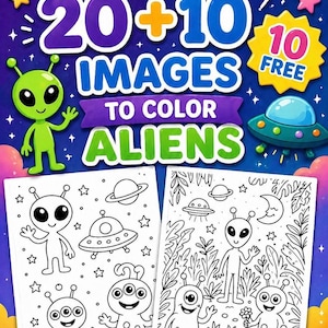 Alien Coloring Pages Bundle for Kids – 20+10 free Cute Space Printable Coloring Sheets – Fun UFO & Aliens Activity Book PDF