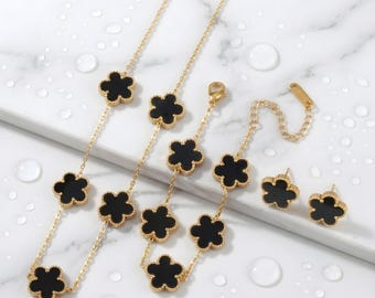 Ensemble Bijoux Trèfle à 5 Feuilles 5 Pièces – Collier, Bracelet, Bague, Boucles & Bracelet Rigide, Symbole Chance & Bonheur, Style Minimaliste Noir Pour Femme