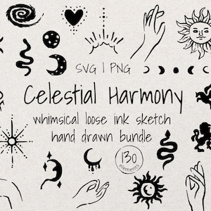 Clipart croquis céleste : lune dessinée à la main, étoiles, constellations (téléchargement numérique SVG PNG)