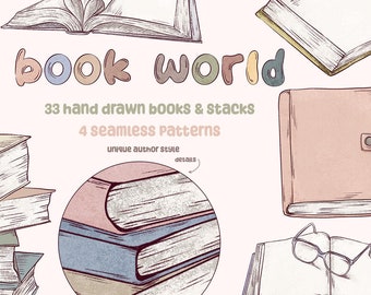 手描きの本のクリップアートバンドル：読書スケッチとシームレスなパターン（デジタルダウンロード）