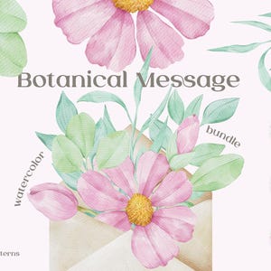 植物のメッセージ。水彩画のクリップアート バンドル。花の要素、フレーム、構成、シームレスなパターン – 300 DPI PNG – デジタル ダウンロード