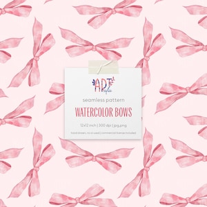 May include: A seamless pattern of watercolor bows in shades of pink, repeated across a light pink background. The bows are hand-drawn and the image includes the text "WATERCOLOR BOWS" and dimensions of 12x12 inches.