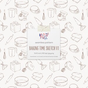 May include: Seamless pattern featuring hand-drawn baking tools in brown outlines on a white background. Includes mixers, measuring cups, rolling pins, cake pans, and more. The text on the image says "BAKING TIME SKETCH V1" and the dimensions are 12x12 inches.