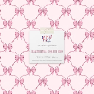 May include: A seamless pattern featuring a repeating design of pink bows on a light pink background. The bows are connected by flowing ribbons, creating a lattice-like pattern. The image includes the text "GRANDMILLENNIAL COQUETTE BOWS".