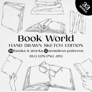 May include: A set of 33 hand-drawn illustrations of books and stacks of books. The illustrations are in black and white and have a sketch-like style. The text "Book World" is written in a large font at the bottom of the image. The text "HAND DRAWN SKETCH EDITION" is written in a smaller font below the title. The text "33 books & stacks, 2 seamless patterns" is written in a smaller font below the subtitle. The text "SVG EPS PNG JPG" is written in a smaller font below the description.