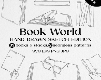 手描きの本のクリップアートバンドル：読書スケッチ、シームレスパターン（デジタルダウンロード）