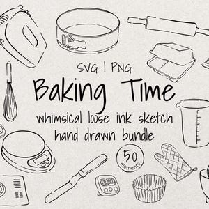 Könnte beinhalten: Schwarz-weiße Strichzeichnung von Backutensilien, darunter ein Mixer, Schneebesen, Messbecher, Nudelholz und Kuchenform. Der Text "Baking Time" ist ebenfalls enthalten.