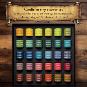 May include: A condition ring starter set with 120 rings divided into 30 conditions and spells. The rings are in a black box with a wooden background. The rings are labeled with various conditions like "Polymorphed", "Blessed", and "Stunned".