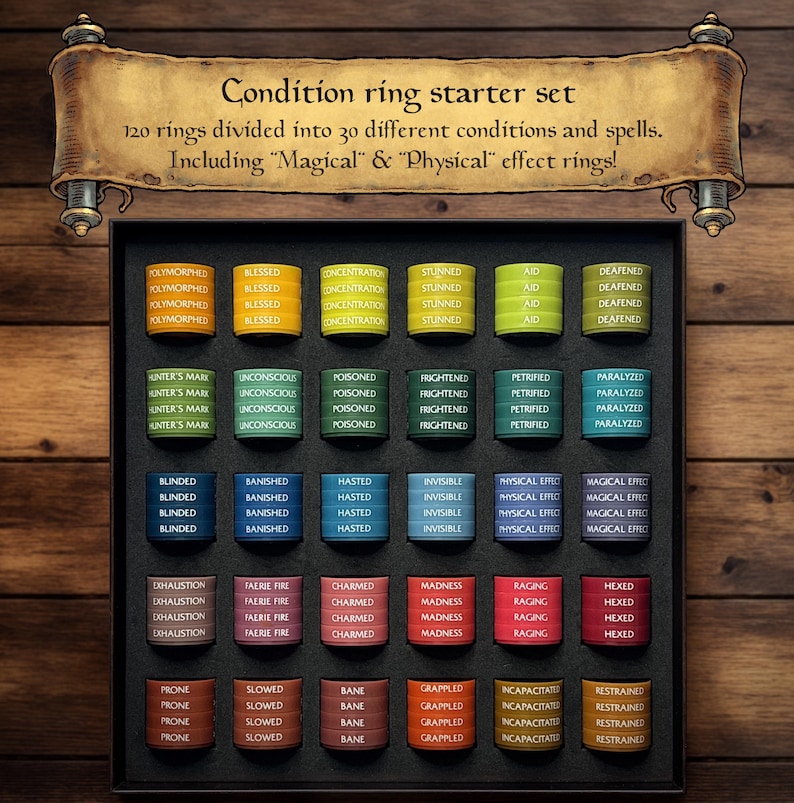 May include: A condition ring starter set with 120 rings divided into 30 conditions and spells. The rings are in a black box with a wooden background. The rings are labeled with various conditions like "Polymorphed", "Blessed", and "Stunned".