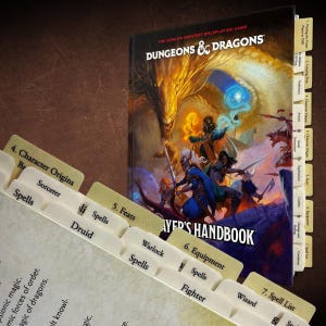 Dungeons & Dragons Player's Handbook 2024 Index Tabs | 110 Premium Book Tabs for the DnD PHB 2024 | Includes 2 Reusable Character Sheets