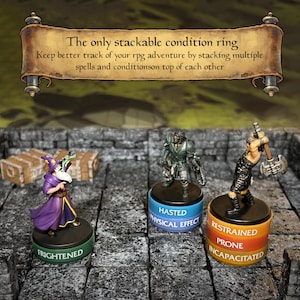 May include: Image of miniature figurines on condition rings for tabletop RPGs. The rings are labeled with conditions like "Frightened," "Hasted," and "Restrained." The text on the banner reads "The only stackable condition ring."