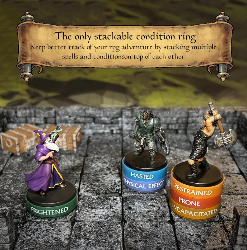 May include: Image of miniature figurines on condition rings for tabletop RPGs. The rings are labeled with conditions like "Frightened," "Hasted," and "Restrained." The text on the banner reads "The only stackable condition ring."