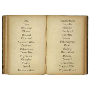 May include: An open, aged book with black binding, displaying two facing pages. The left page lists words like "Aid," "Bane," and "Blinded." The right page features terms such as "Invisible," "Madness," and "Paralyzed." The book's pages have a parchment-like appearance.