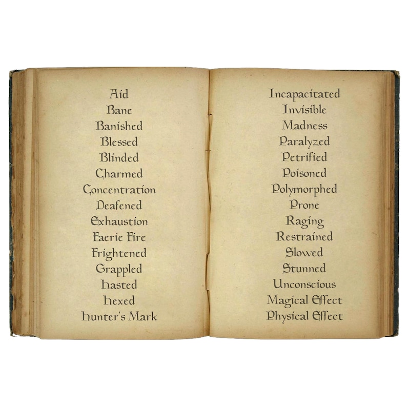 May include: An open, aged book with black binding, displaying two facing pages. The left page lists words like "Aid," "Bane," and "Blinded." The right page features terms such as "Invisible," "Madness," and "Paralyzed." The book's pages have a parchment-like appearance.