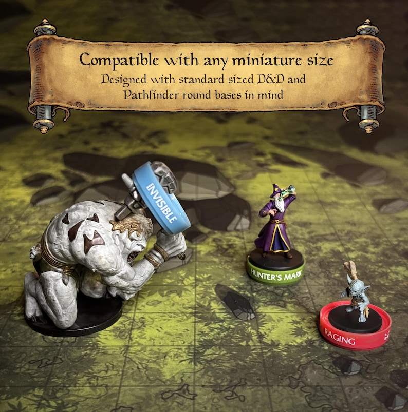 May include: Image of miniature figurines for tabletop gaming. A large, gray monster figure kneels, wearing a blue band that says "INVISIBLE." A wizard figure and a small creature are also present. The text on the bases reads "HUNTER'S MARK" and "RAGING."