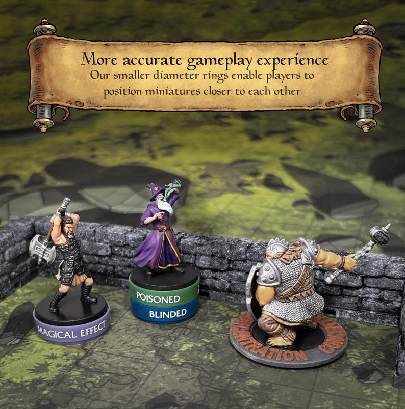 May include: Image of miniature figurines on a game board. A banner reads "More accurate gameplay experience." The figurines include a barbarian, a wizard, and a warrior. The wizard stands on a base labeled "POISONED BLINDED."