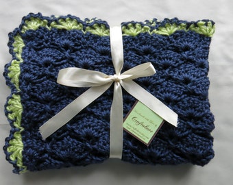 Crochet baby blanket- Baby Boy Blanket-baby blanket Crib size Panel shells blanket Dark country blue/Soft Fern green-Unisex baby shower gift