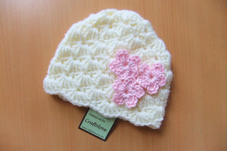 Baby Girl Hats Crochet baby girl hat Natural Lamp Shell with flower Baby Girl Beanie CHOOSE YOUR SIZE Photography props image 2