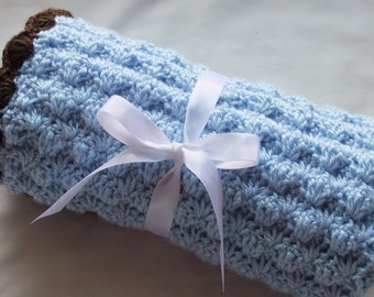 Baby Boy Blanket  - Crochet baby blanket Baby Blue/Chocolate Puffy Stroller/Travel/Car seat Baby blanket- Baby boy shower gift- Baby blanket