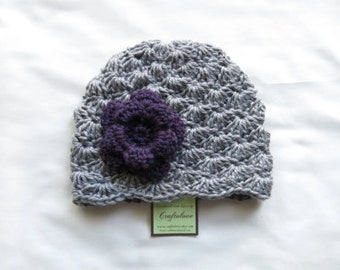 Crochet baby hat- Baby Girl Hat - Baby Girl Beanie - Grey shell baby girl hat with Purple flower - Newborn Photography props