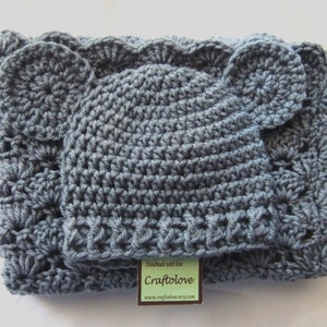 Baby Shower Gift Set - Crochet baby blanket - Baby Boy and Baby Girl Blanket Silver Grey Stroller/Travel size and Teddy Bear Hat image 4