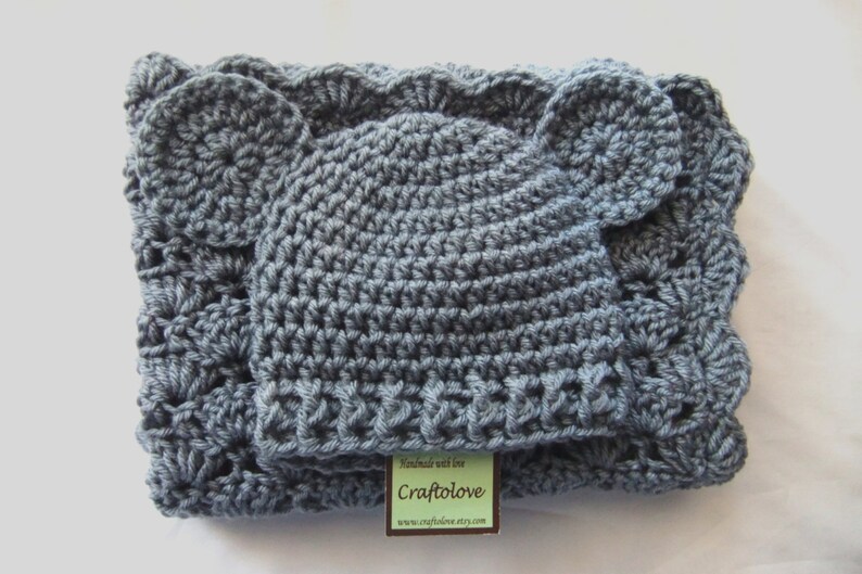 Baby Shower Gift Set - Crochet baby blanket - Baby Boy and Baby Girl Blanket Silver Grey Stroller/Travel size and Teddy Bear Hat image 4