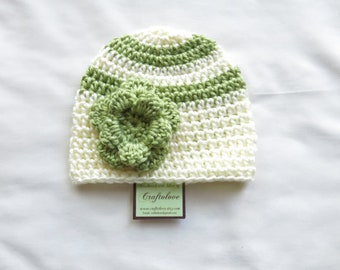 Crochet baby hat- Baby Girl Hat - Baby Girl Beanie - Off-white/Pistachio green baby girl stripe hat with flower - Newborn Photography props