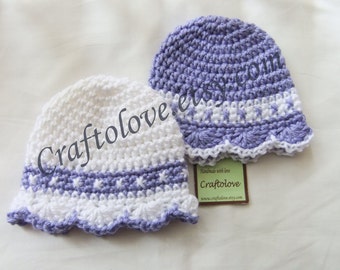 Crochet twin baby girl hat- Twin girl Hats - Set of 2 - Twin Lavender/White baby girl hat  - Twin girl Baby gifts - Twin girl photo prop