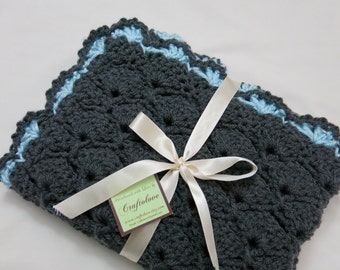 Crochet Baby blanket-Baby blanket-Baby Boy Blanket-Charcoal Grey/Light Blue Panel Shell Stroller/Travel/car seat blanket-Baby shower gift