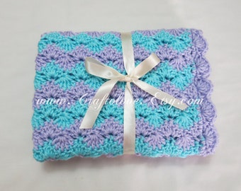 Crochet baby blanket-Baby Girl Blanket- Aqua/Lavender Shell Waves Stroller/Travel/Car seat blanket-Baby girl shower gift- Baby blanket