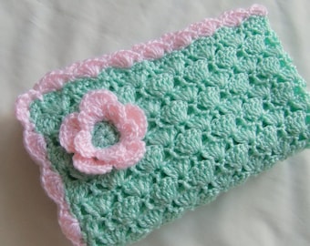 Baby girl blanket - Crochet baby blanket Mint/Pink Flower Shells Stroller/Travel/Car seat blanket - Photography Props- Baby girl shower gift