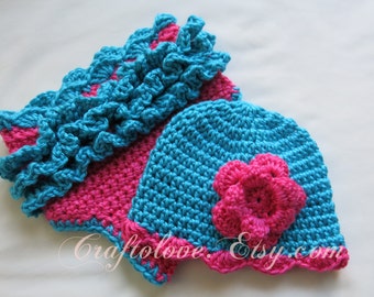 Crochet baby diaper cover- Baby shower gift - Crochet baby diaper cover hat- Baby Girl shower gift- Turquoise/Hot pink baby diaper cover hat