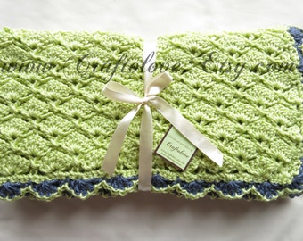 Crochet Baby Blanket - Baby Boy Blanket - Soft Fern Green Panel Shells Stroller/Travel/Car seat blanket- Baby boy shower gift- Baby blanket