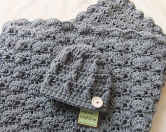 Baby Boy Shower Gift Set - Crochet baby blanket - Baby Boy Blanket Silver Grey Stroller/Travel size and Button Beanie - Baby blanket