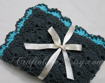 Crochet Baby blanket- Baby blanket- Baby Boy Blanket- Charcoal Grey/Blue Panel Shells Stroller/Travel/Car seat blanket- Baby boy shower gift