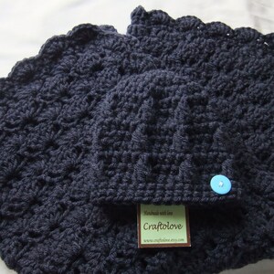 Baby Boy Shower Gift Set - Baby Boy blanket Navy Blue Stroller/Travel size and Button Beanie - Crochet baby blanket