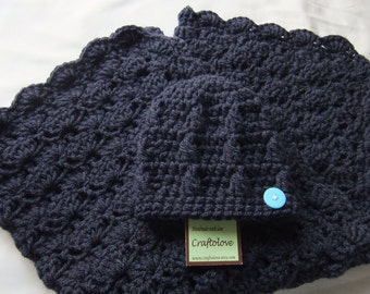 Baby Boy Shower Gift Set - Baby Boy blanket Navy Blue Stroller/Travel size and Button Beanie - Crochet baby blanket