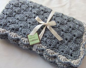 Crochet baby blanket- Baby Boy Blanket- Baby Girl Blanket- Unisex baby blanket-Crib size Silver Grey/ Oatmeal trim Panel Shells baby blanket