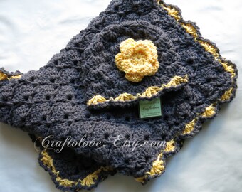 Crochet baby blanket- Baby Girl Shower Gift set- Baby Girl blanket- Charcoal grey/Sunshine yellow Panel Shells and Hat- Newborn Photo props