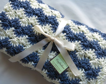 Crochet Baby Blanket- Baby Boy Blanket- Country Blue/Off-white Stripe Stroller/Travel/Car seat blanket- Baby boy shower gift- Photo props