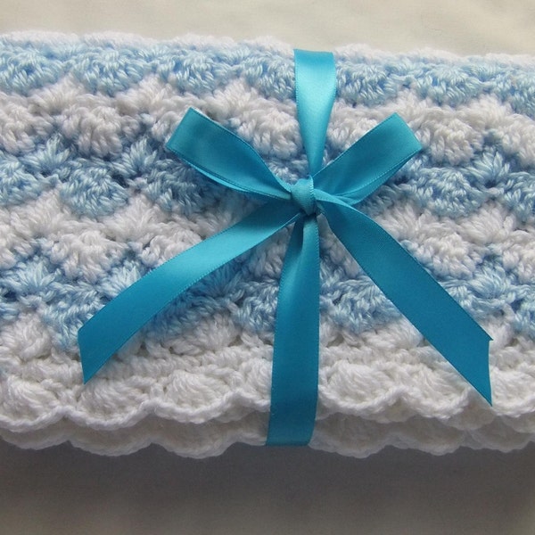 Baby Boy Blanket - Crochet baby blanket Baby Blue/White Shell Waves Stroller/Travel/Car seat - Baby boy shower gift