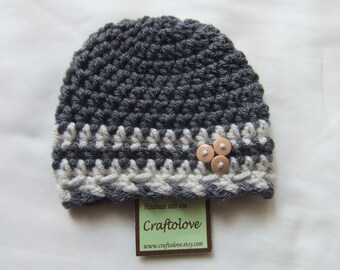 Charcoal Gray/Oatmeal Button Baby Boy Hats - Baby Boy Beanie - CHOOSE YOUR SIZE - Newborn Photography props