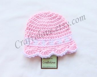 Crochet baby girl hat - Crochet baby hat - Sweet Pink/White flower Baby Girl Hat - Newborn photo prop - Baby girl shower gift
