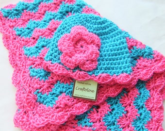 Baby Girl Shower Gift set - Baby Girl blanket - Crochet baby blanket turquoise/hot pink Shell waves and Rose Hat  - Photography props